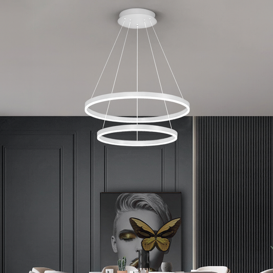 Zawieszany żyrandol LED z pilotem CASIANA 42W, 2 koła, światło zimne/ciepłe/neutralne, możliwość przyciemniania, biały, regulacja wysokości