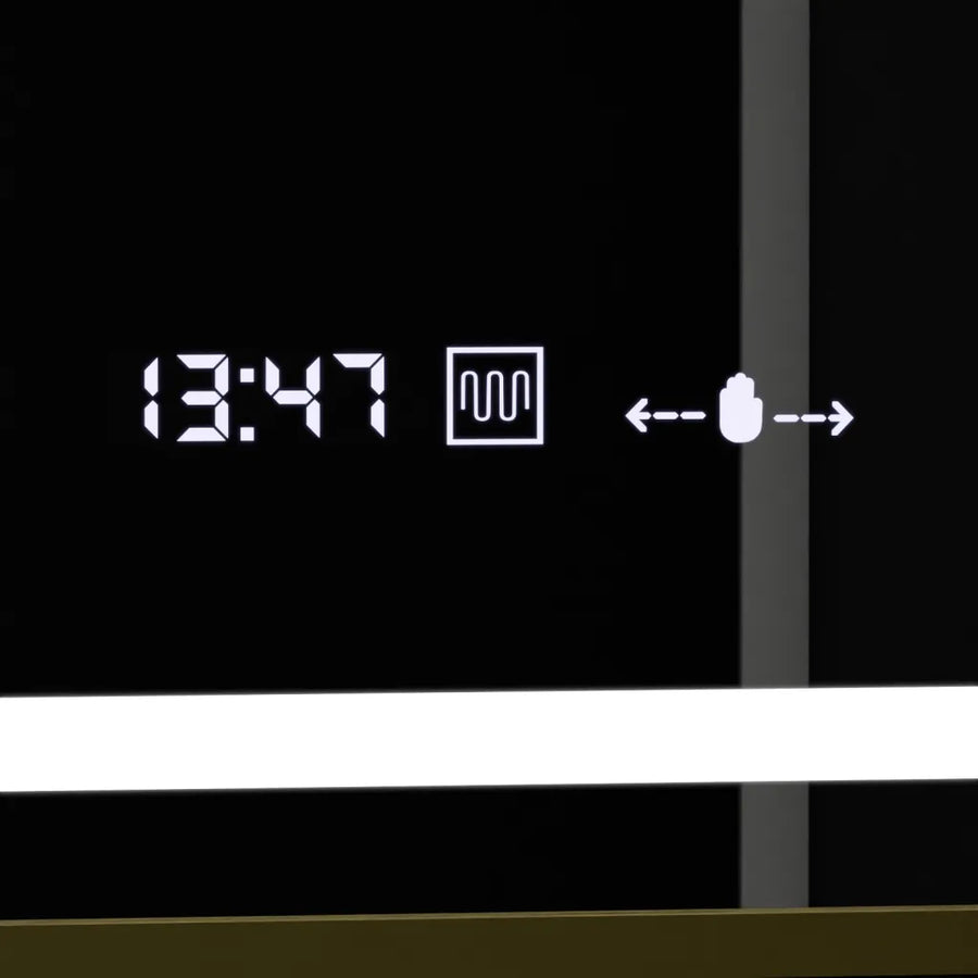 Prostokątne lustro LED, 100x80cm, Verite Royale Gold Motion Glow Marcello, system przeciwmgielny, zegar i termometr, ściemnialne