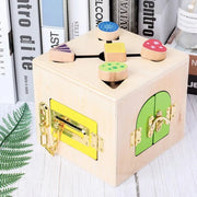 Wielofunkcyjna zabawka edukacyjna Montessori Magic Lock Cube, 6 elementów, wielokolorowa, drewno i metal