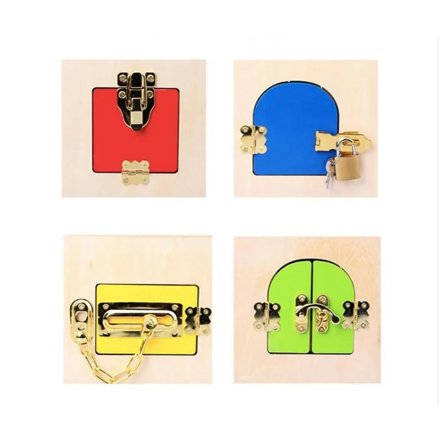 Wielofunkcyjna zabawka edukacyjna Montessori Magic Lock Cube, 6 elementów, wielokolorowa, drewno i metal