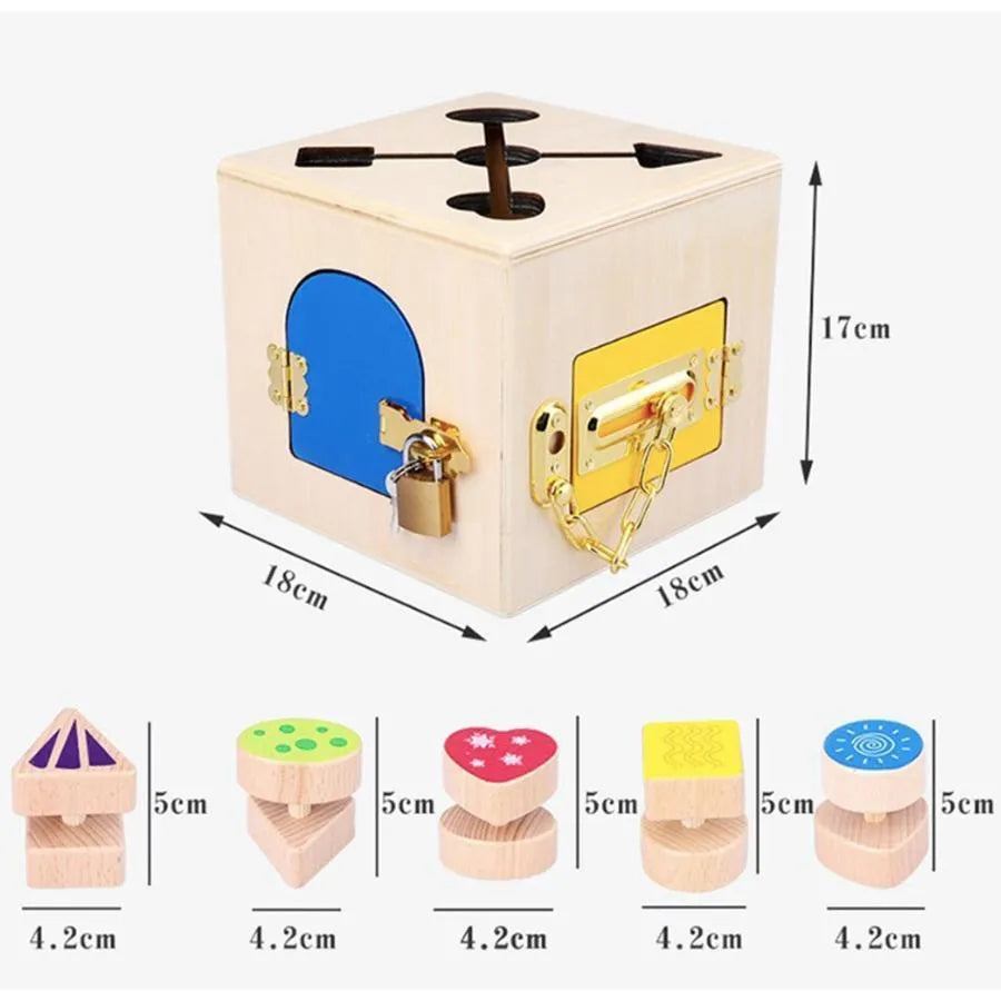 Wielofunkcyjna zabawka edukacyjna Montessori Magic Lock Cube, 6 elementów, wielokolorowa, drewno i metal