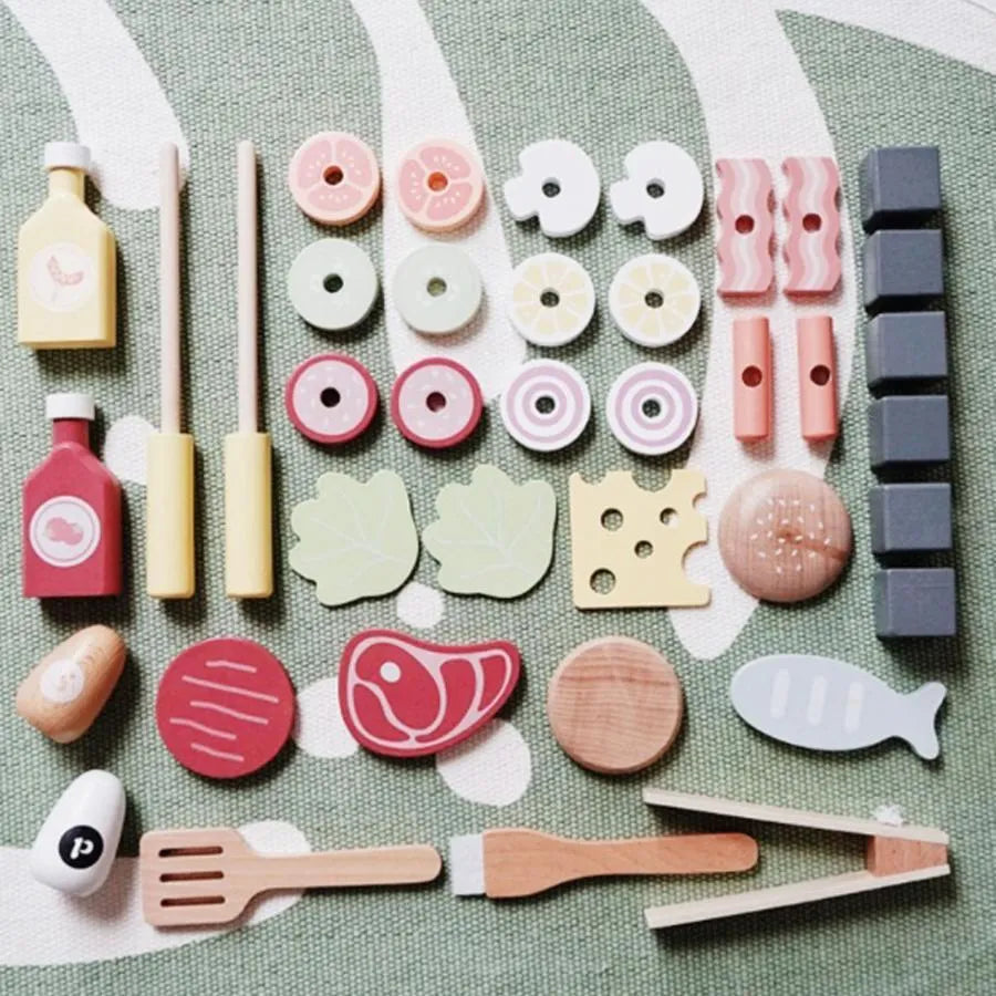 Drewniana zabawka do grilla, 52 elementy, wielokolorowa, drewno