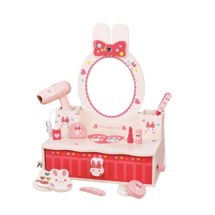 Zabawka stołowa do makijażu i pielęgnacji w kształcie króliczka, 16 elementów, różowa, drewniana