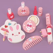 Zabawka stołowa do makijażu i pielęgnacji w kształcie króliczka, 16 elementów, różowa, drewniana