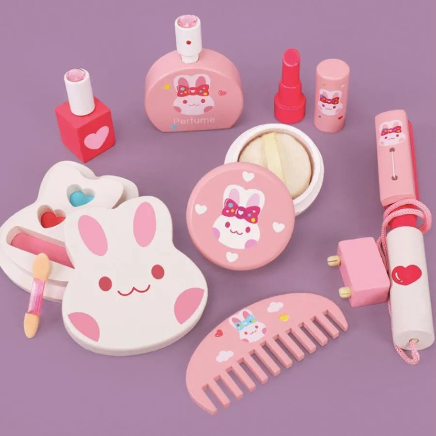 Zabawka stołowa do makijażu i pielęgnacji w kształcie króliczka, 16 elementów, różowa, drewniana