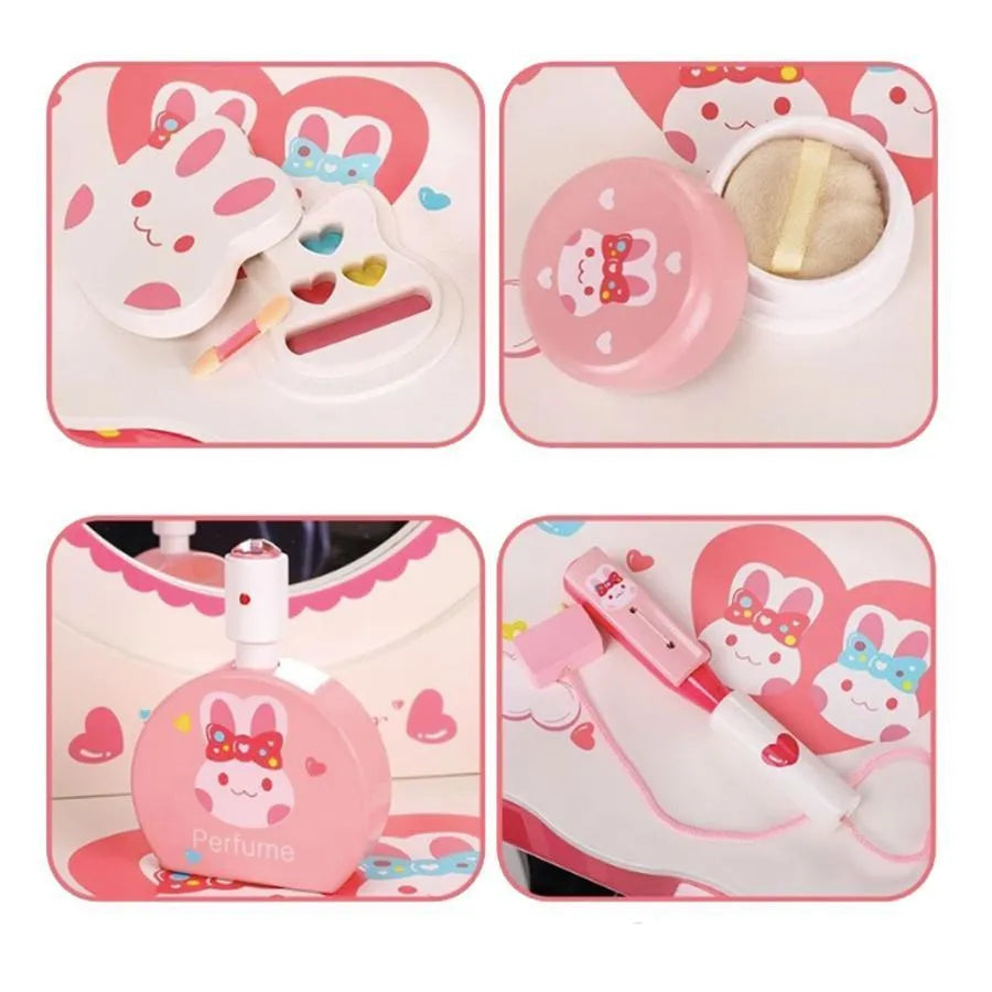 Zabawka stołowa do makijażu i pielęgnacji w kształcie króliczka, 16 elementów, różowa, drewniana