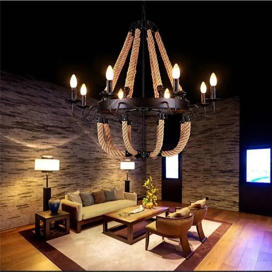 Żyrandol okrągły, 8*E14, czarny, metal i lina