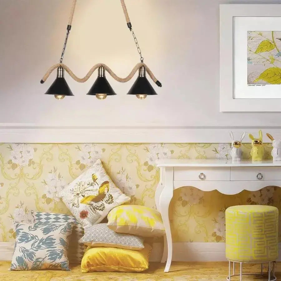 Żyrandol linowy, 3*E27, brązowy, metal i lina