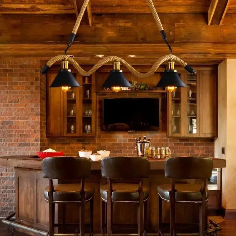 Żyrandol linowy, 3*E27, brązowy, metal i lina