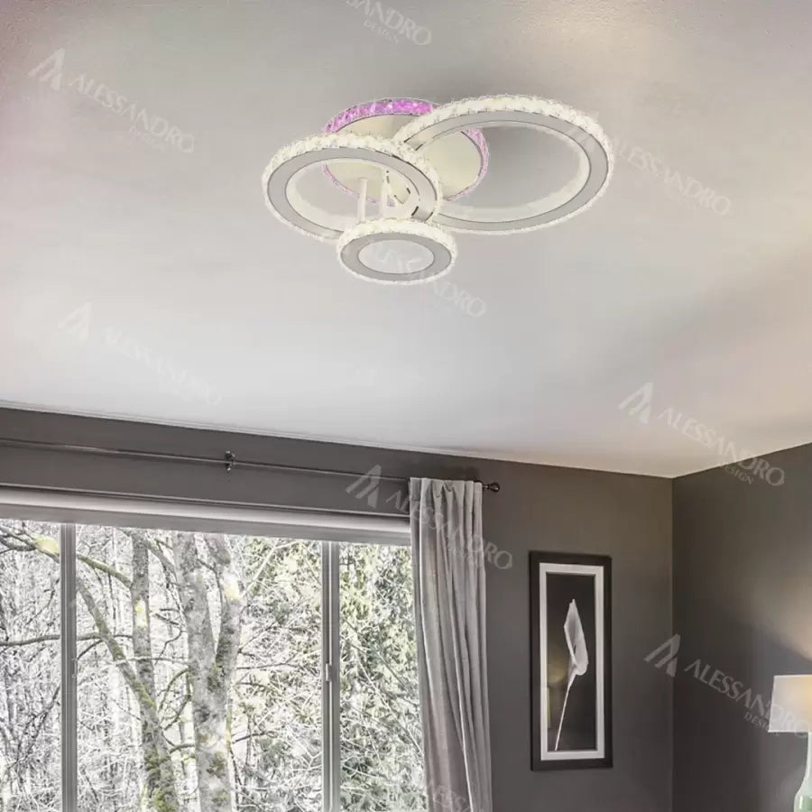 Żyrandol LED z pilotem i kryształem LEOCADIA RGB 134W, 3 okręgi, światło zimne/ciepłe/neutralne, ściemnialny, biały