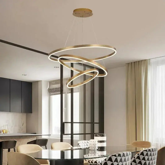 Żyrandol wiszący LED AZARIAH 130 W z pilotem, 3 okręgi, światło zimne/ciepłe/neutralne, ściemnialny, błyszczący złoty, regulowana wysokość