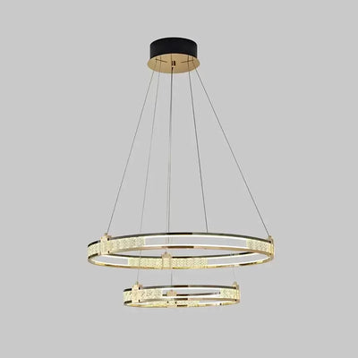 Żyrandol wiszący LED ROGER 100 W z pilotem i kryształem, 2 okręgi, światło zimne/ciepłe/neutralne, ściemnialny, błyszczący złoty, regulowana wysokość