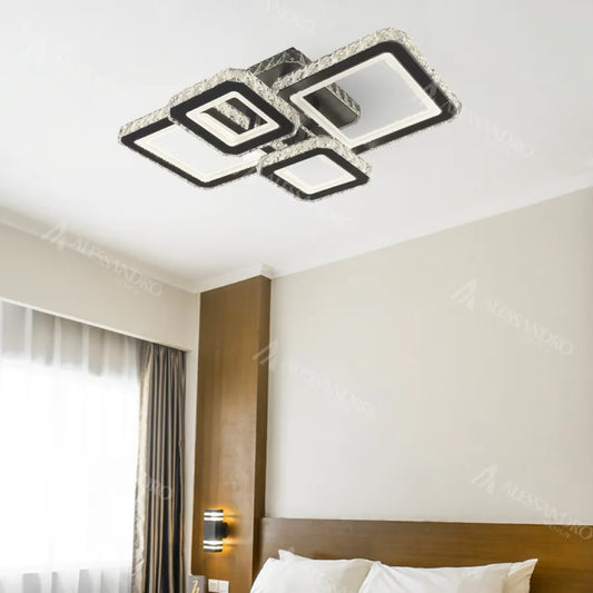 Żyrandol LED z pilotem i kryształem BLAKELY RGB 154 W, 4 kwadraty, światło zimne/ciepłe/neutralne, ściemnialny, czarny