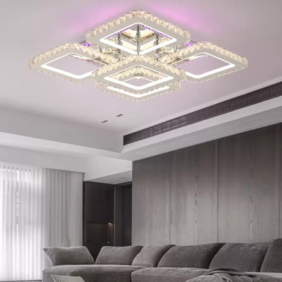 Żyrandol LED z pilotem i kryształem QUADRIA SUPREMO RGB, 148 W, 5 kwadratów, zimne/ciepłe/neutralne światło, ściemnialny, błyszczący chrom