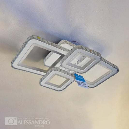 Żyrandol LED z pilotem i kryształem BLAKELY RGB 154 W, 4 kwadraty, światło zimne/ciepłe/neutralne, ściemnialny, biały