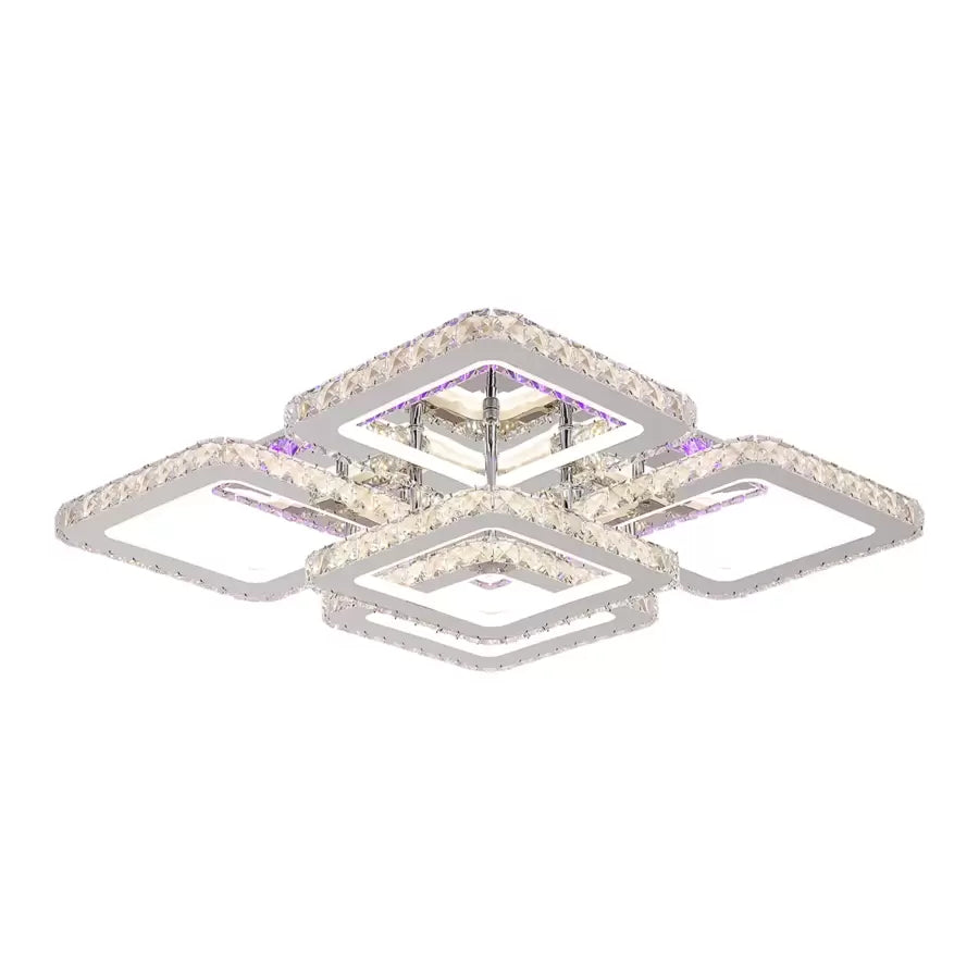 Żyrandol LED z pilotem i kryształem QUADRIA SUPREMO RGB, 148 W, 5 kwadratów, zimne/ciepłe/neutralne światło, ściemnialny, błyszczący chrom