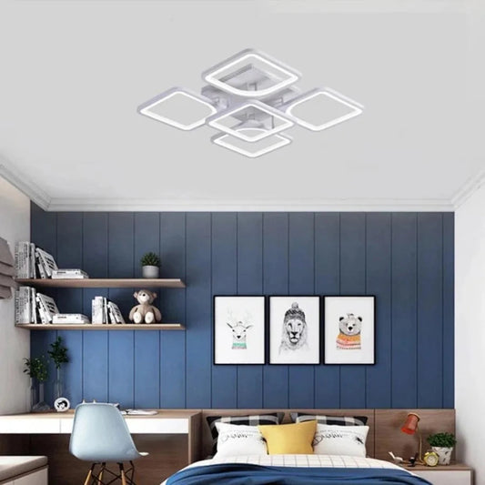 Żyrandol LED z pilotem ZOE 96W, 5 kwadratów, światło zimne/ciepłe/neutralne, ściemnialny, biały