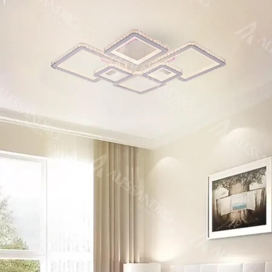 Żyrandol LED z pilotem i kryształem QUADRIS RGB 170 W, 6 kwadratów, światło zimne/ciepłe/neutralne, ściemnialny, biały