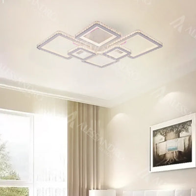 Żyrandol LED z pilotem i kryształem QUADRIS RGB 170 W, 6 kwadratów, światło zimne/ciepłe/neutralne, ściemnialny, biały