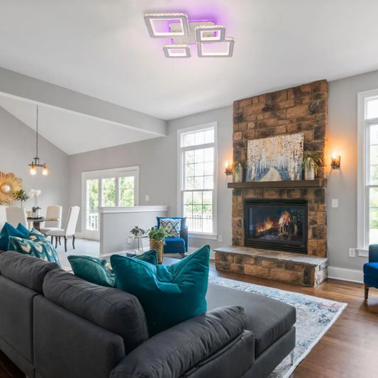 Żyrandol LED z pilotem i kryształem QUADRIS RGB, 78 W, 4 kwadraty, światło zimne/ciepłe/neutralne, ściemnialny, biały