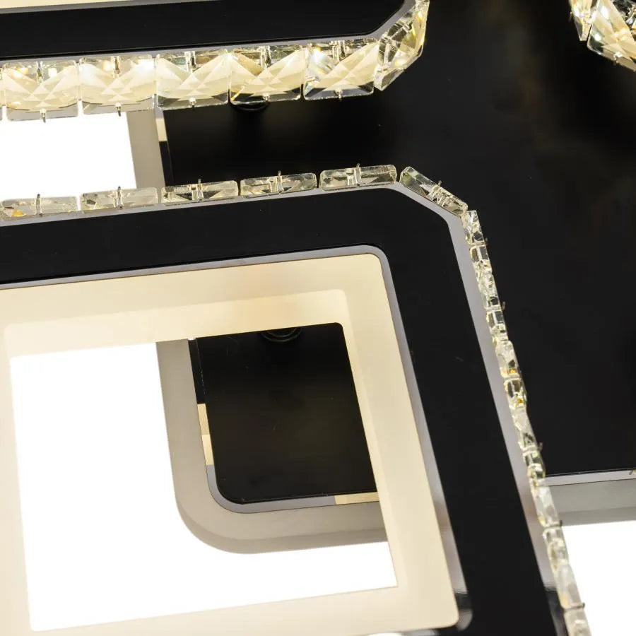 Żyrandol LED z pilotem i kryształem LEILA RGB 79 W, 4 kwadraty, zimne/ciepłe/neutralne światło, ściemnialny, błyszczący chrom czarny