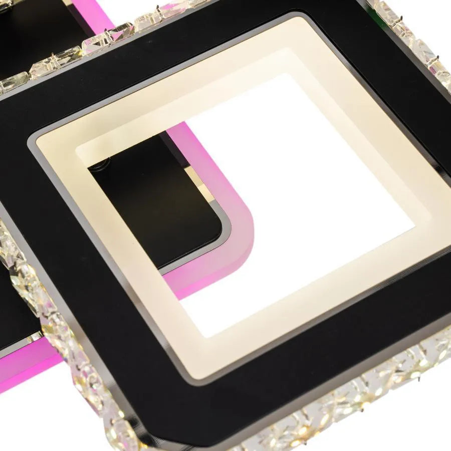 Żyrandol LED z pilotem i kryształem LEILA RGB 79 W, 4 kwadraty, zimne/ciepłe/neutralne światło, ściemnialny, błyszczący chrom czarny