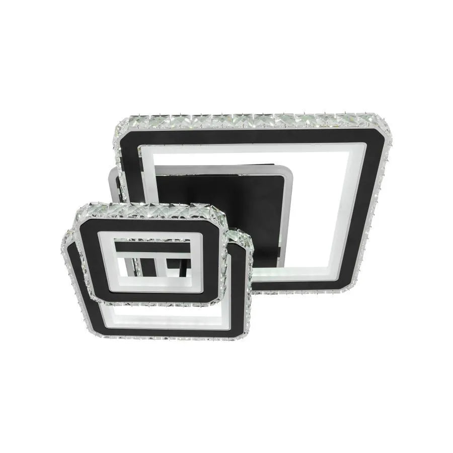 Żyrandol LED z pilotem i kryształem LEILA 154 W, 3 kwadraty, zimne/ciepłe/neutralne światło, ściemnialny, błyszczący chrom czarny