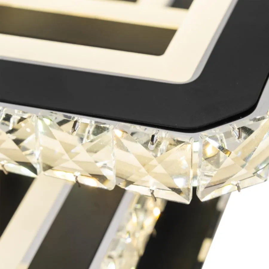 Żyrandol LED z pilotem i kryształem LEILA 154 W, 3 kwadraty, zimne/ciepłe/neutralne światło, ściemnialny, błyszczący chrom czarny