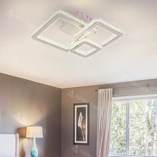 Żyrandol LED z pilotem i kryształem BLAKELY RGB 166 W, 3 kwadraty, światło zimne/ciepłe/neutralne, ściemnialny, biały