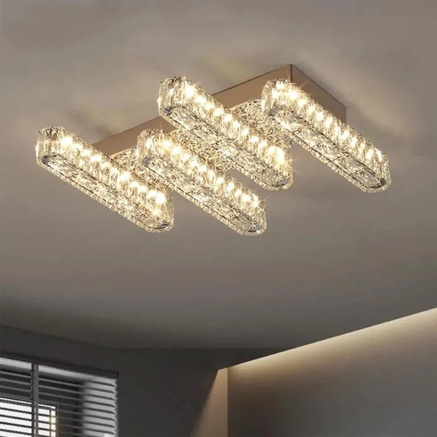 Żyrandol LED z pilotem i kryształem PRISCILA 80W, 4 elementy, liniowy, światło zimne/ciepłe/neutralne, ściemnialny, chrom błyszczący