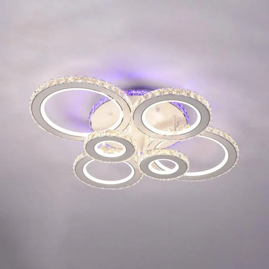 Żyrandol LED ZAFINA RGB 238W z pilotem i kryształem, 6 okręgów, światło zimne/ciepłe/neutralne, ściemnialny, biały