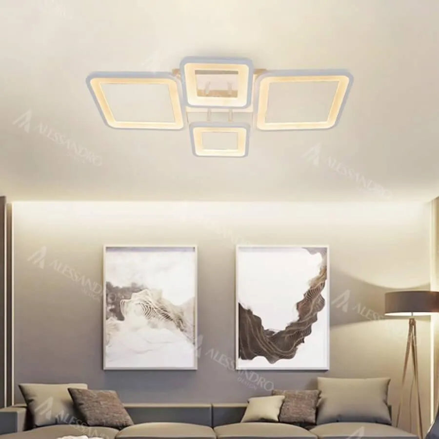 LED żyrandol z zdalnym sterowaniem Ella 85W, 4 kwadraty, zimno/gorące/neutralne światło, niestabilne, białe