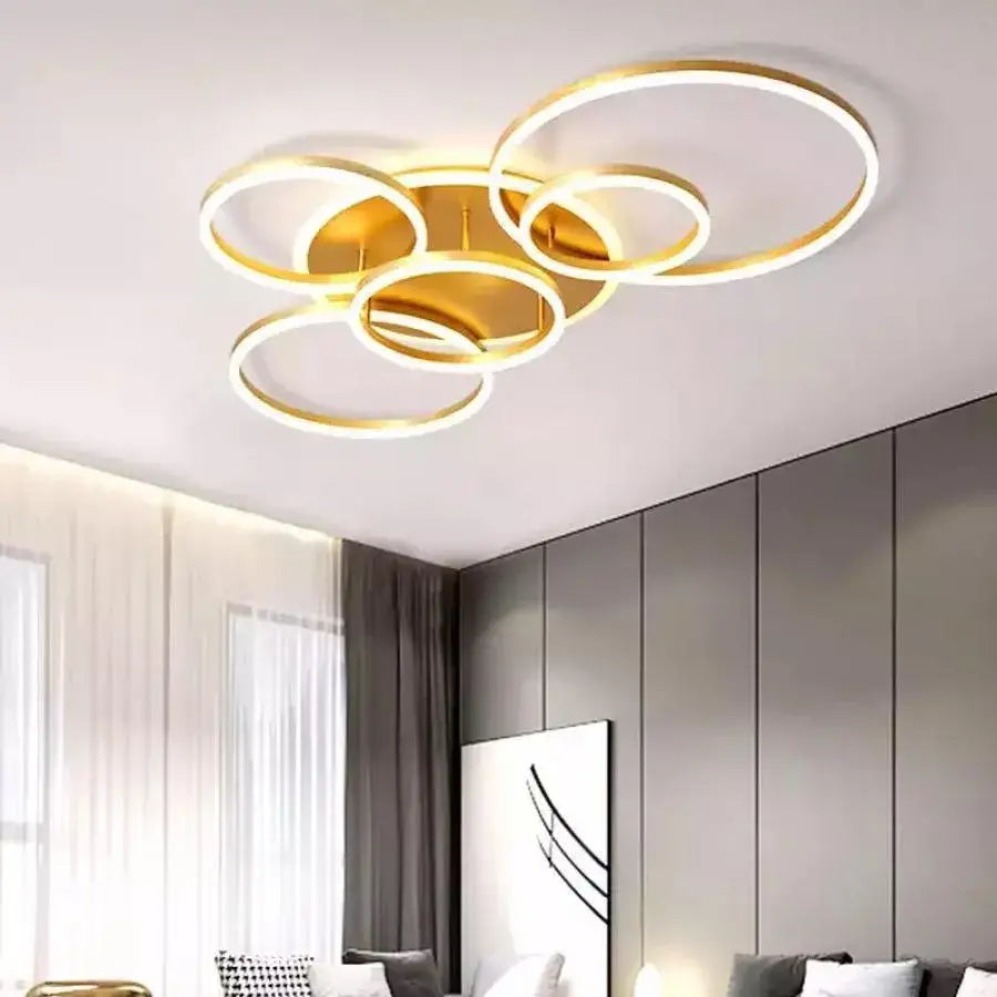 Żyrandol LED z pilotem LYRA 248 W, 5 okręgów, zimne/ciepłe/neutralne światło, ściemnialny, szczotkowane złoto