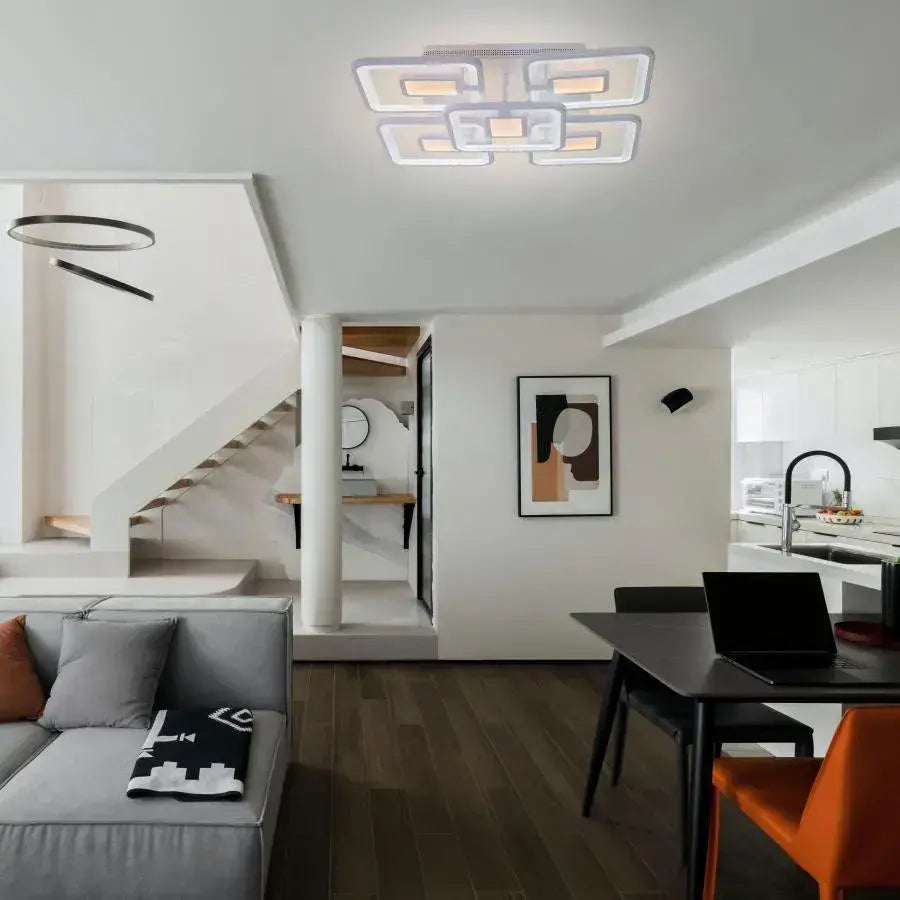 Żyrandol LED FELIX 107W z pilotem, 5 kwadratów, światło zimne/ciepłe/neutralne, ściemnialny, biały