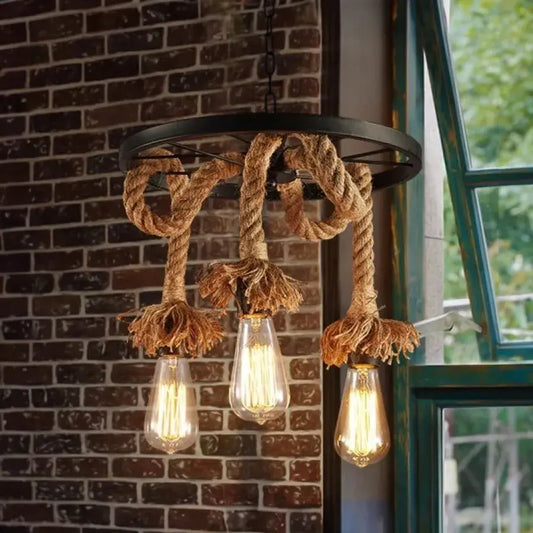 Żyrandol w kształcie koła, 3*E27, brązowy, metal i lina