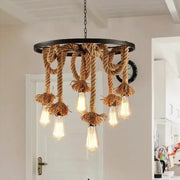 Żyrandol w kształcie koła, 6 x E27, brązowy, metalowy / sznurkowy