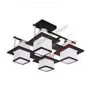 Klasyczny żyrandol Aramis z drewnem, kwadratowy klosz, 4 gniazda E27, biały/czarny