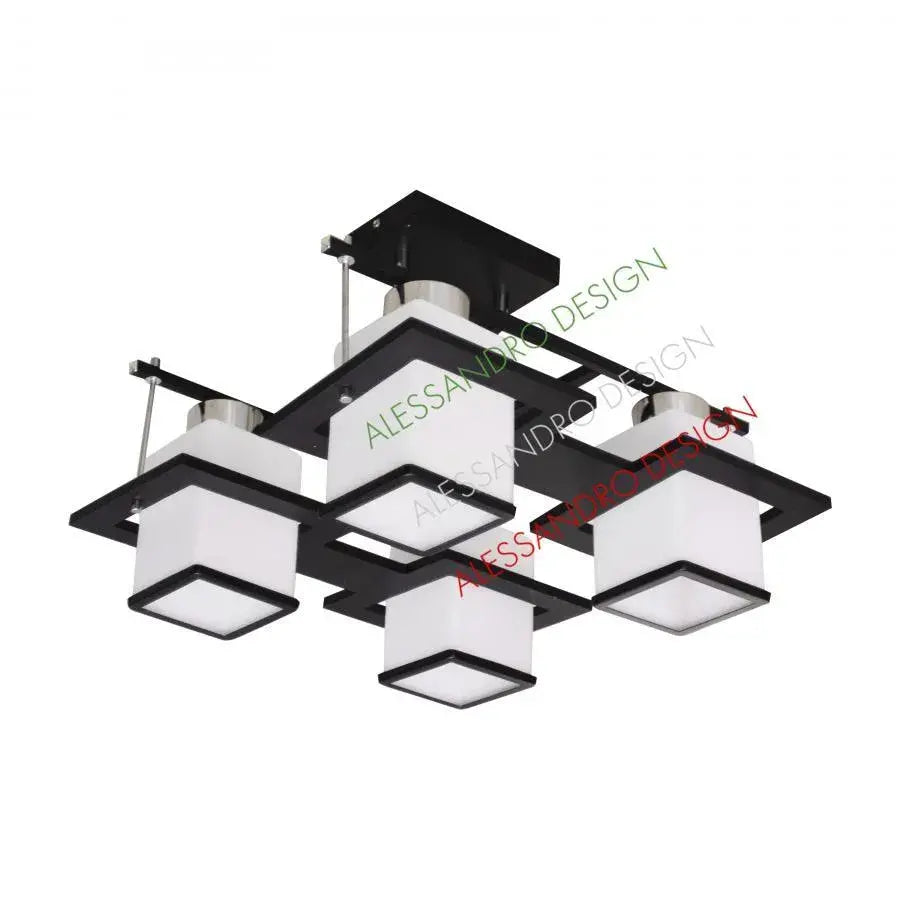 Klasyczny żyrandol Aramis z drewnem, kwadratowy klosz, 4 gniazda E27, biały/czarny