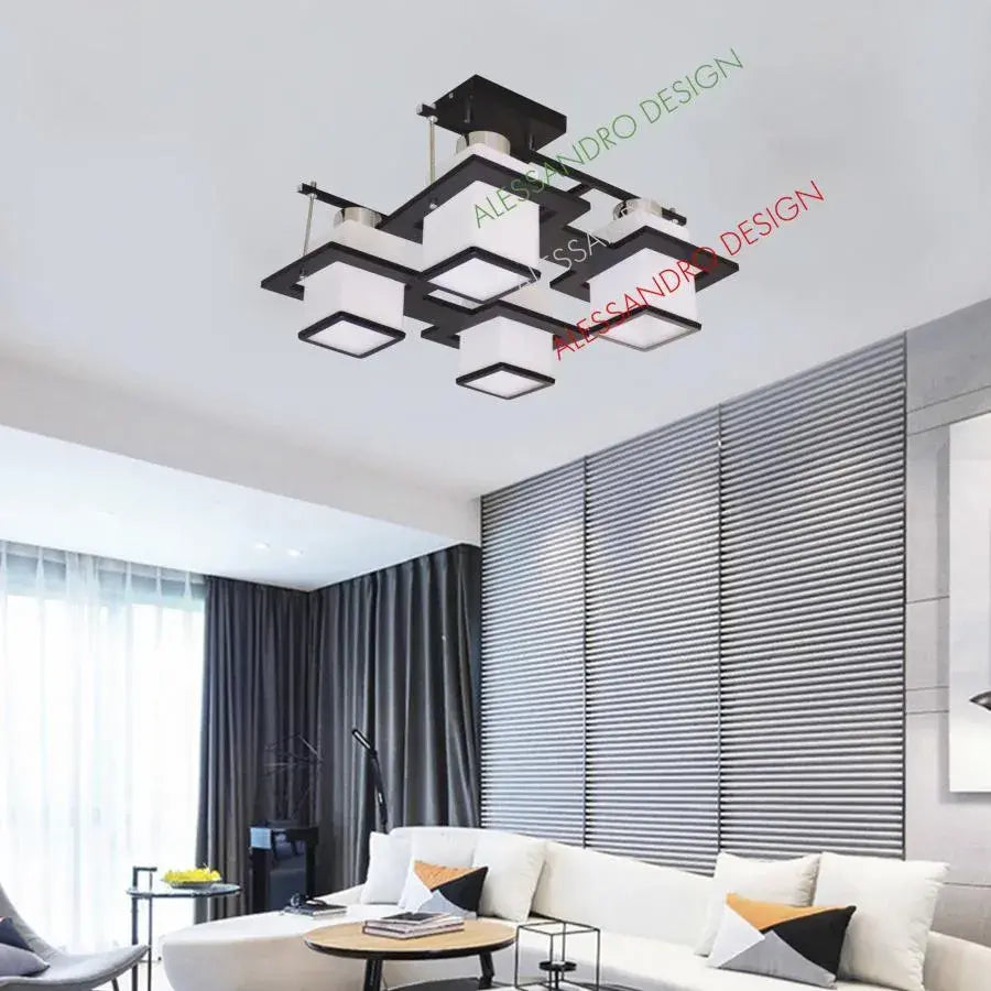 Klasyczny żyrandol Aramis z drewnem, kwadratowy klosz, 4 gniazda E27, biały/czarny