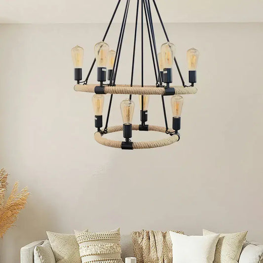 Żyrandol rustykalny, 10*E27, brązowy, metal i lina