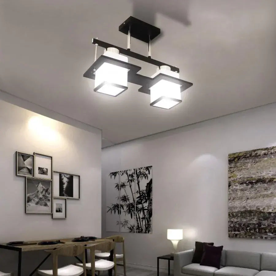 Klasyczny żyrandol Aramis z kwadratowym kloszem z drewna 2x E27 czarno-biały