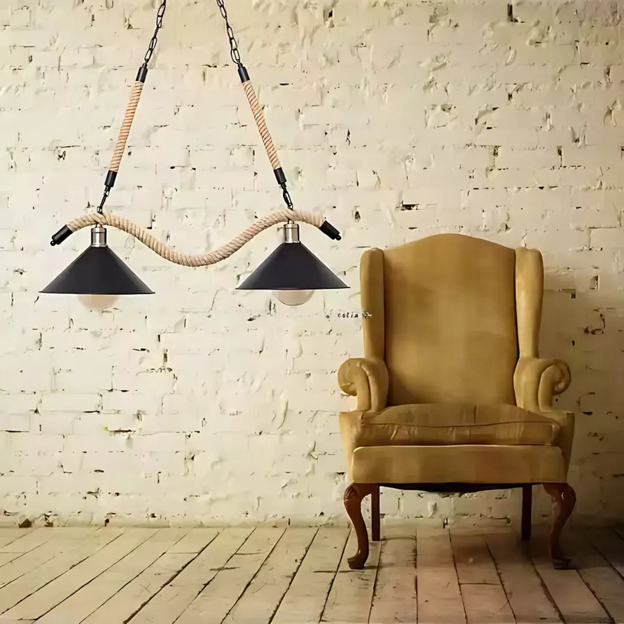 Żyrandol linowy, 2*E27, brązowy, metal i lina