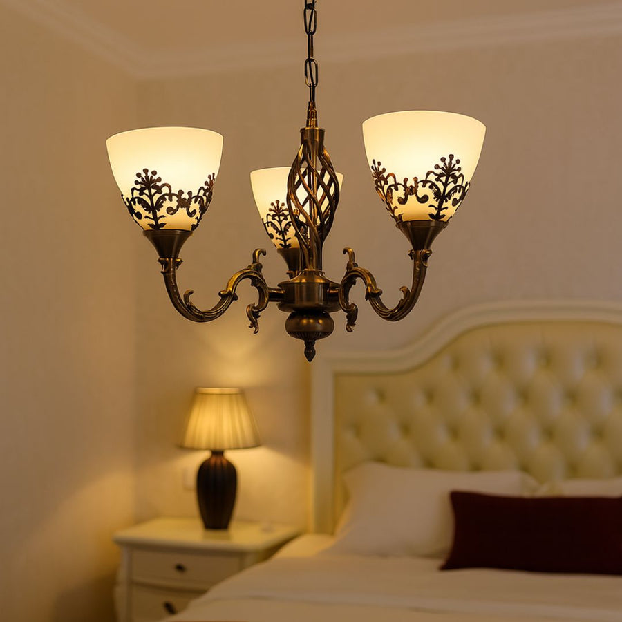 Żyrandol w stylu vintage, wiszący, COTTAGE, okrągły, 3xE27, szkło i metal, brąz