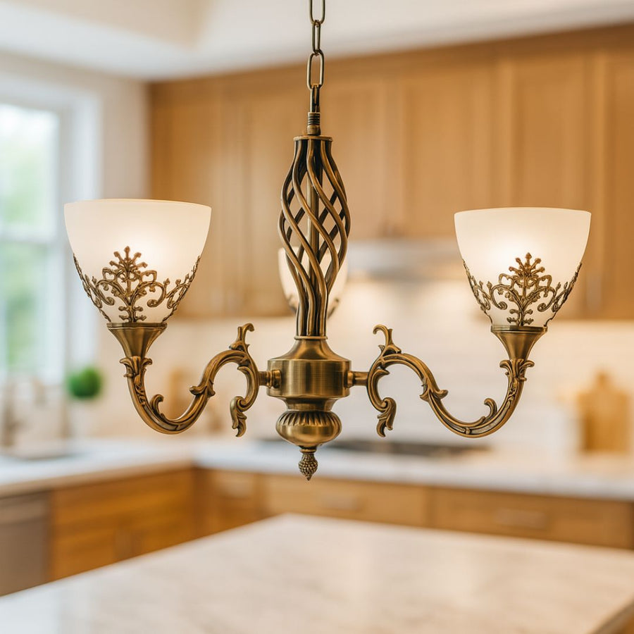 Żyrandol w stylu vintage, wiszący, COTTAGE, okrągły, 3xE27, szkło i metal, brąz