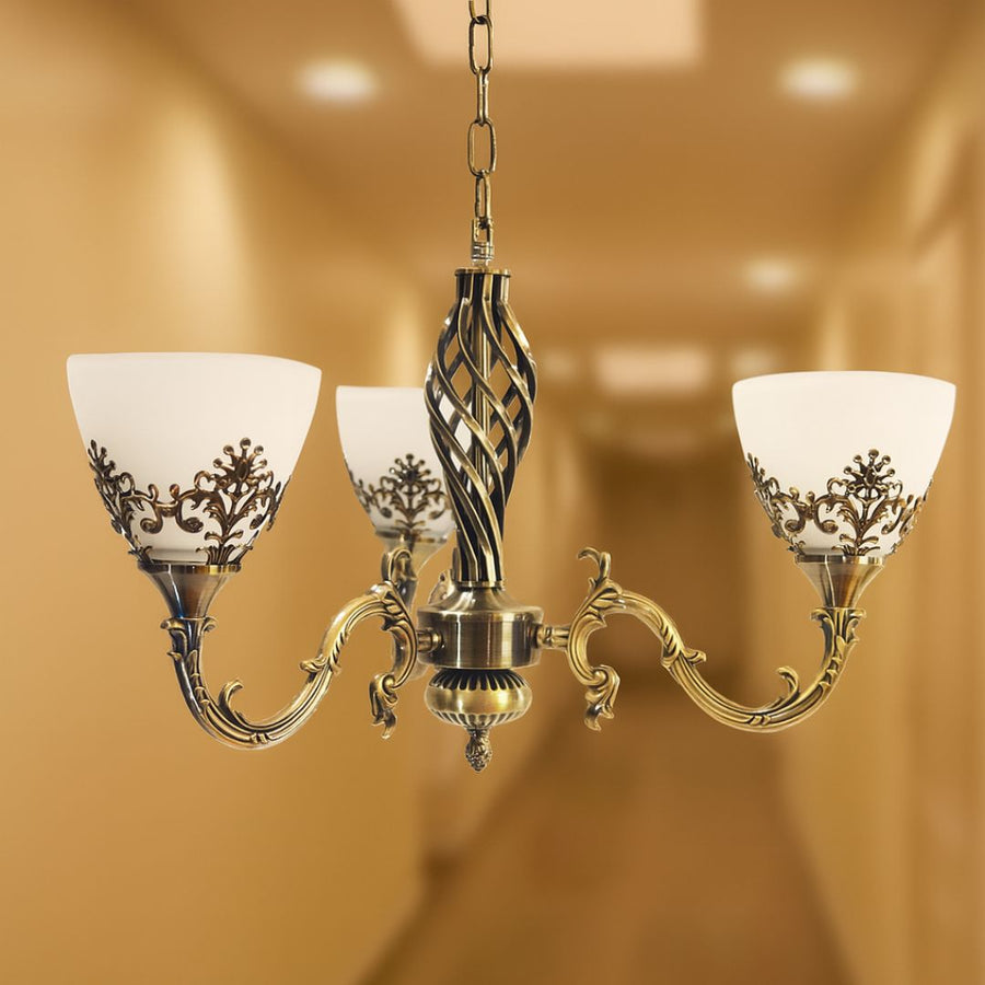 Żyrandol w stylu vintage, wiszący, COTTAGE, okrągły, 3xE27, szkło i metal, brąz