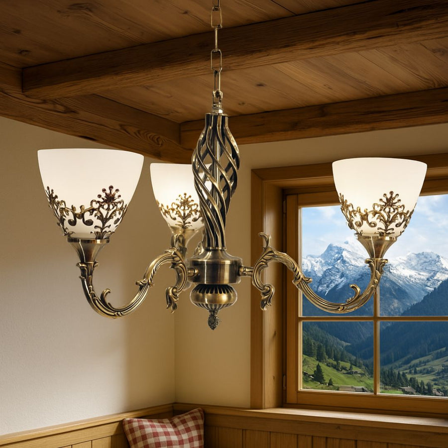 Żyrandol w stylu vintage, wiszący, COTTAGE, okrągły, 3xE27, szkło i metal, brąz