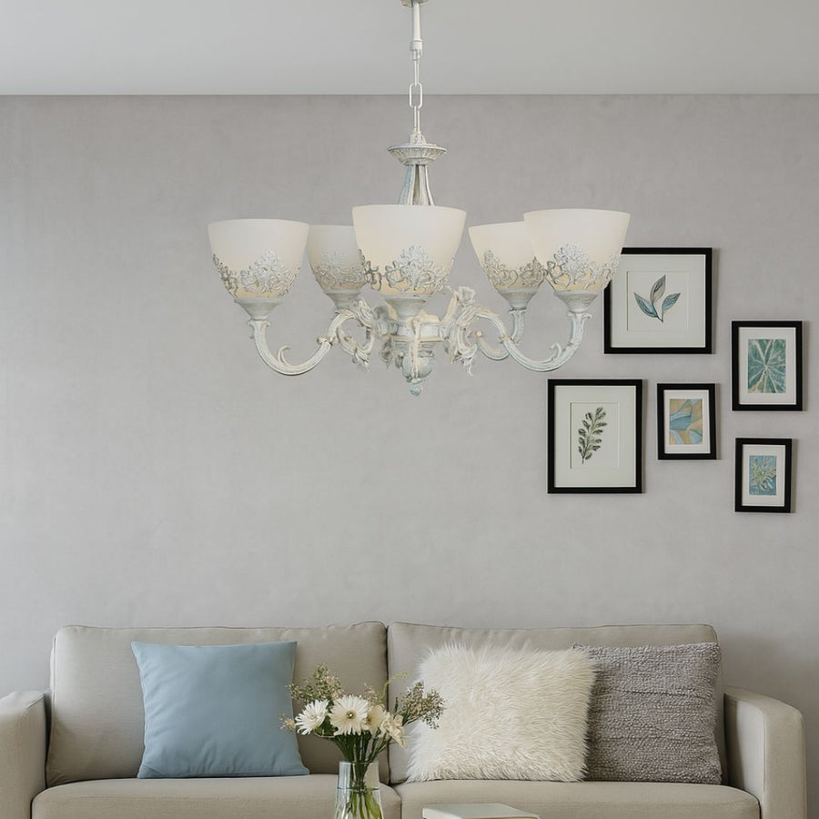 Żyrandol VINTAGE, wiszący, COTTAGE, okrągły, 5xE27, szkło i metal, biały