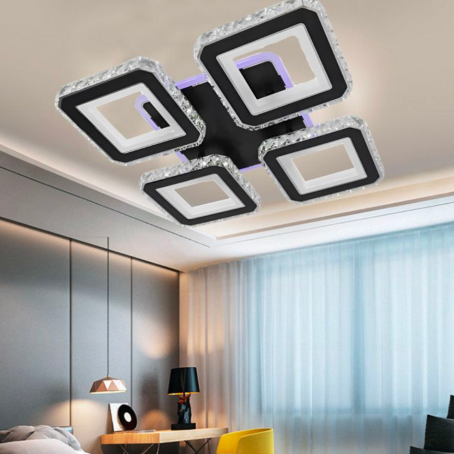 Żyrandol LED z pilotem i kryształem LEILA RGB 79 W, 4 kwadraty, zimne/ciepłe/neutralne światło, ściemnialny, błyszczący chrom czarny