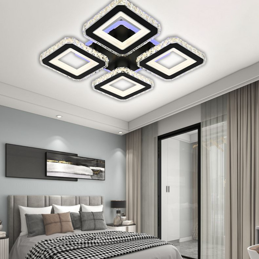 Żyrandol LED z pilotem i kryształem LEILA RGB 79 W, 4 kwadraty, zimne/ciepłe/neutralne światło, ściemnialny, błyszczący chrom czarny