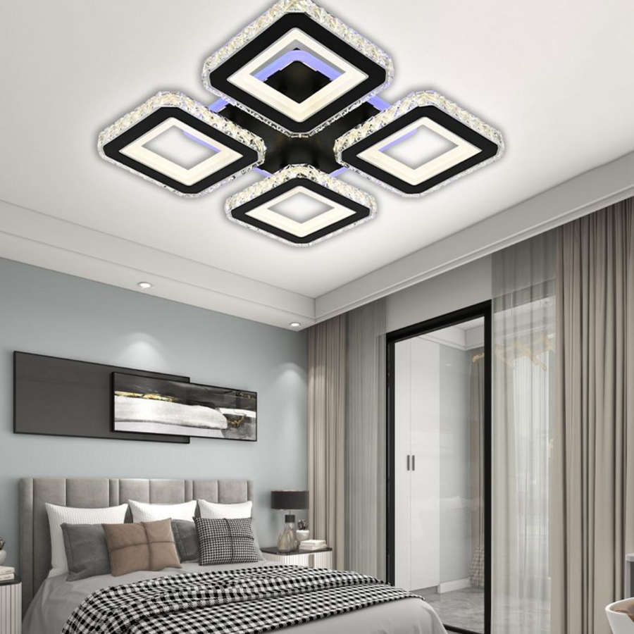 Żyrandol LED z pilotem i kryształem LEILA RGB 79 W, 4 kwadraty, zimne/ciepłe/neutralne światło, ściemnialny, błyszczący chrom czarny